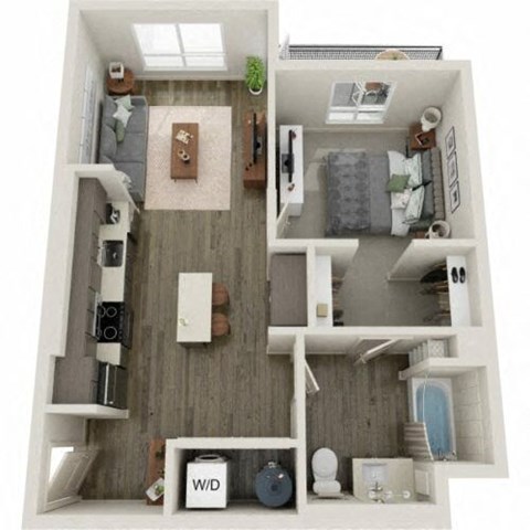 Floor plan for 1 bed, 1 bath, 677 sqft